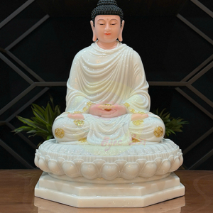 Tượng Thích Ca Tĩnh Tâm Đế Bát Giác Chất Liệu Bột Đá Trắng Viền Vàng Cao Cấp