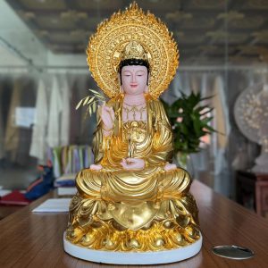 Alternative view of Tượng Phật Quan Thế Âm Bồ Tát Ngồi Đế Hoa Sen Bằng Bột Đá Dát Vàng Có Hào Quang Cao Cấp