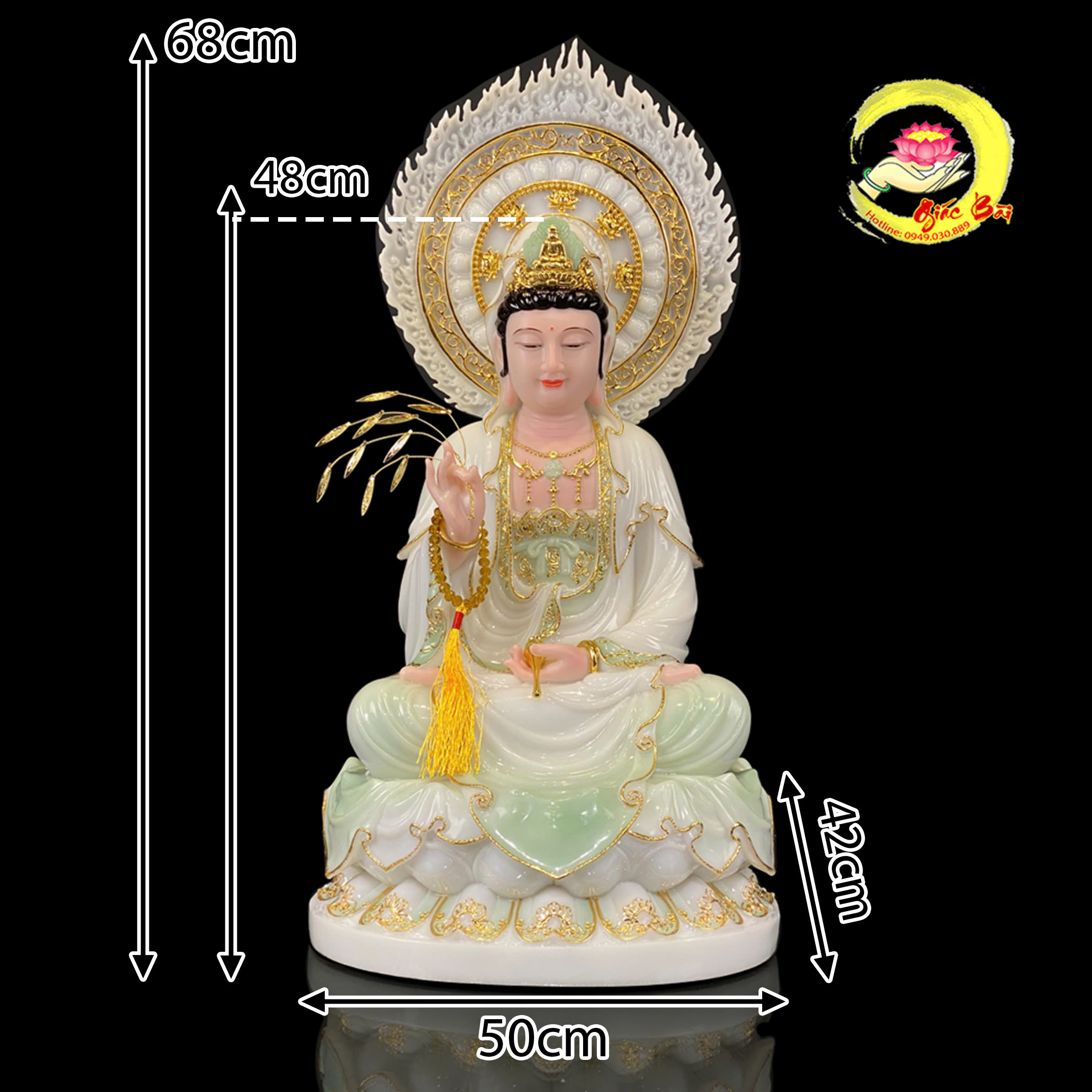 Tượng Quan Âm Bồ Tát Ngồi Hoa Sen Bằng Bột Đá Cẩm Thạch Thiên Thanh Viền Vàng - Ảnh 10