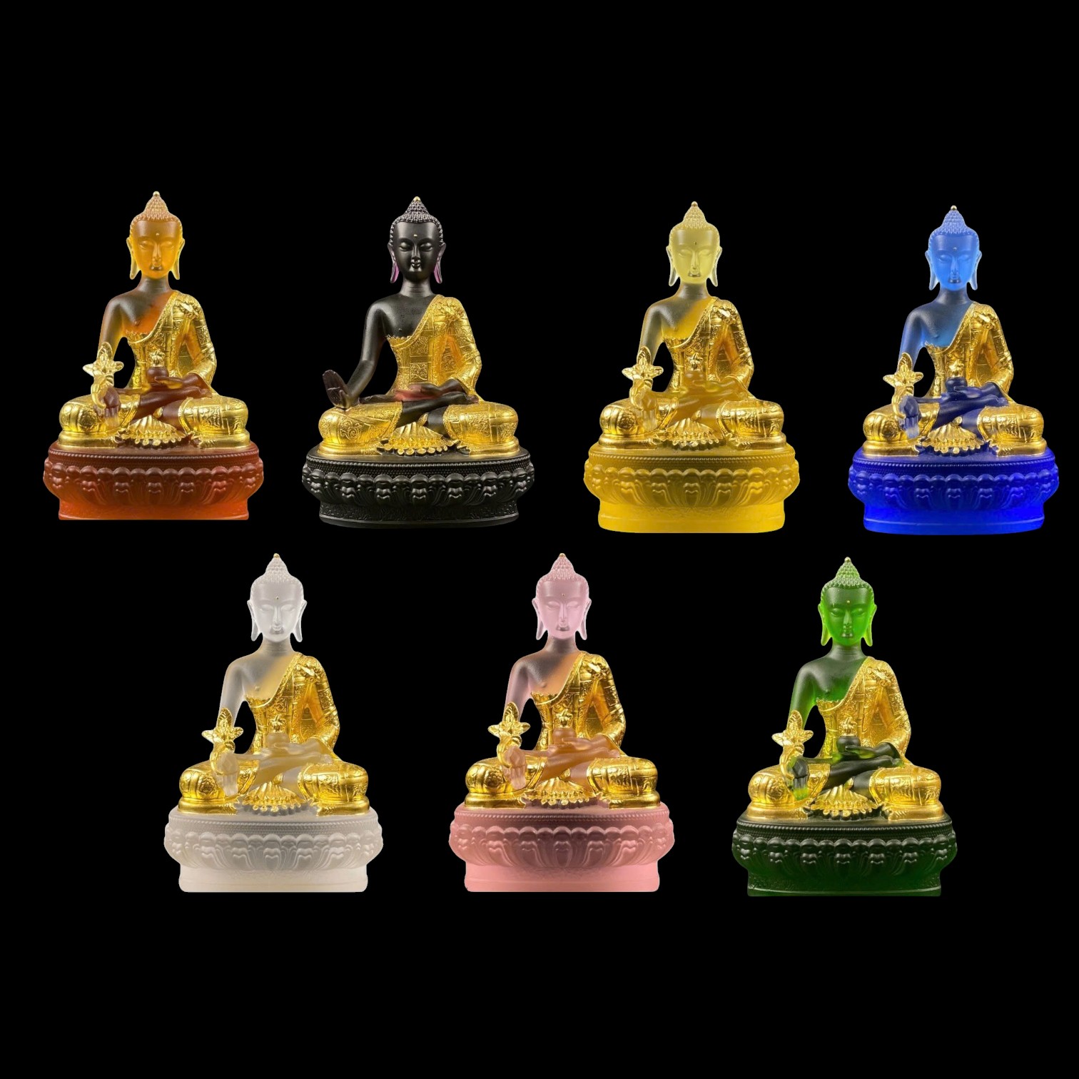 Bộ Tượng Thất Phật Dược Sư Lưu Ly Dát Vàng Cao 13cm