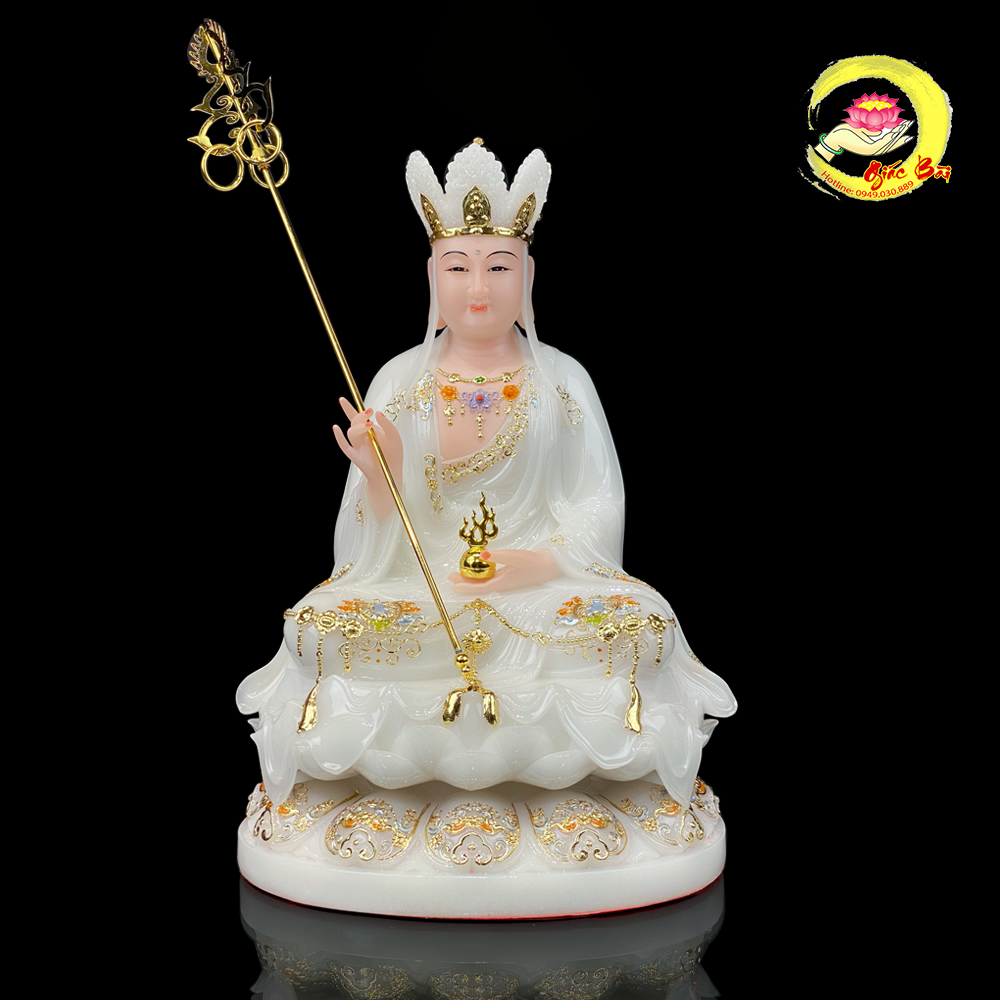 Alternative view of TƯỢNG ĐỊA TẠNG VƯƠNG BỒ TÁT NGỒI ĐÀI SEN BỘT ĐÁ TRẮNG VIỀN VÀNG