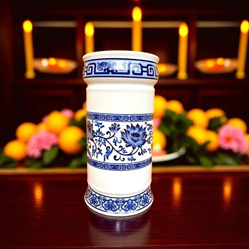Ống Hương Sứ Trắng Sen Xanh