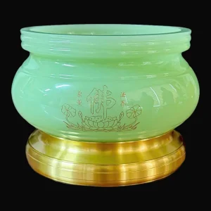 Alternative view of Bát Hương Bằng Đá Ngọc Xanh Khắc Hình Hoa Sen Chữ Phật Có Lá