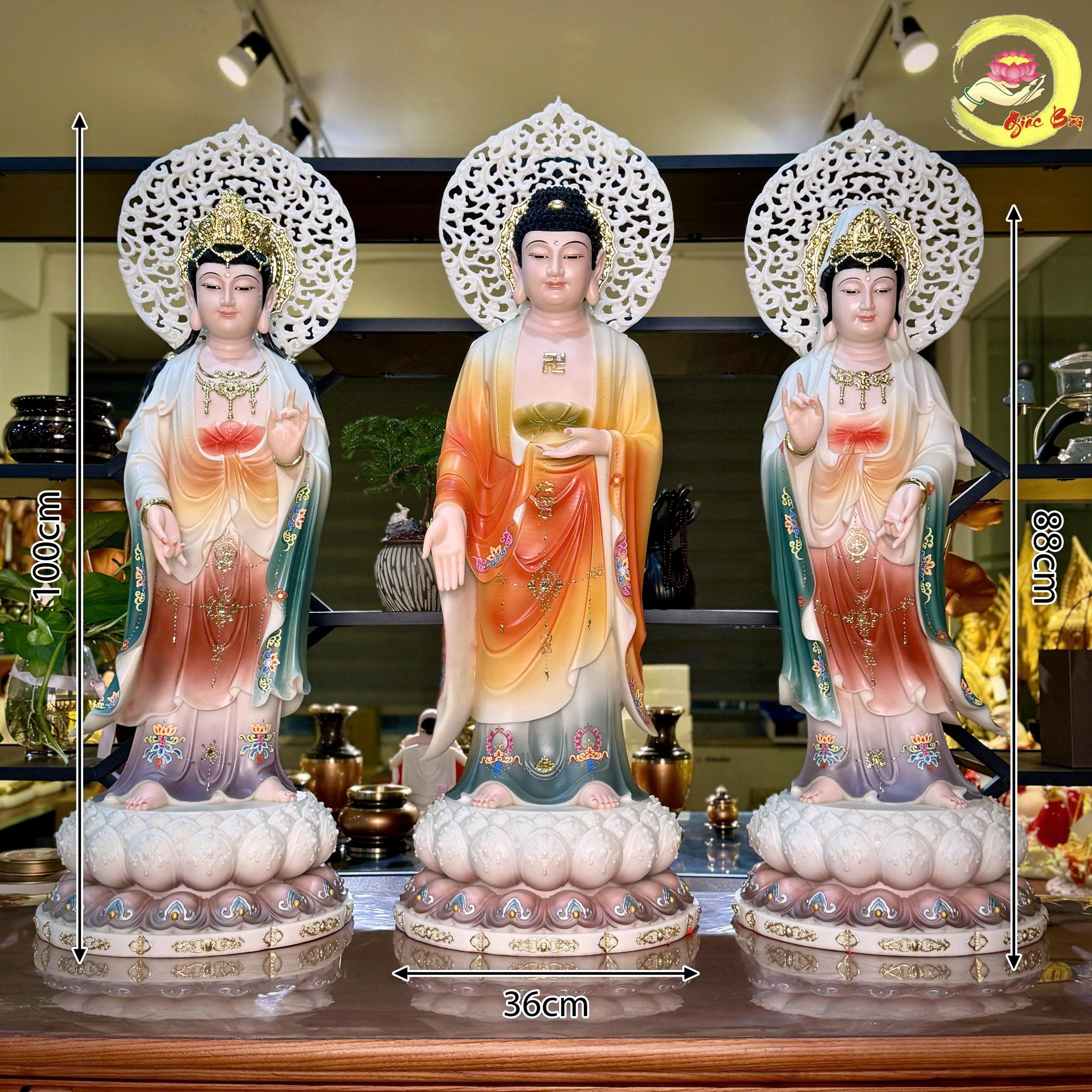 Bộ Tượng Tây Phương Tam Thánh Đứng Bằng Bột Đá Sơn Màu - Ảnh 9