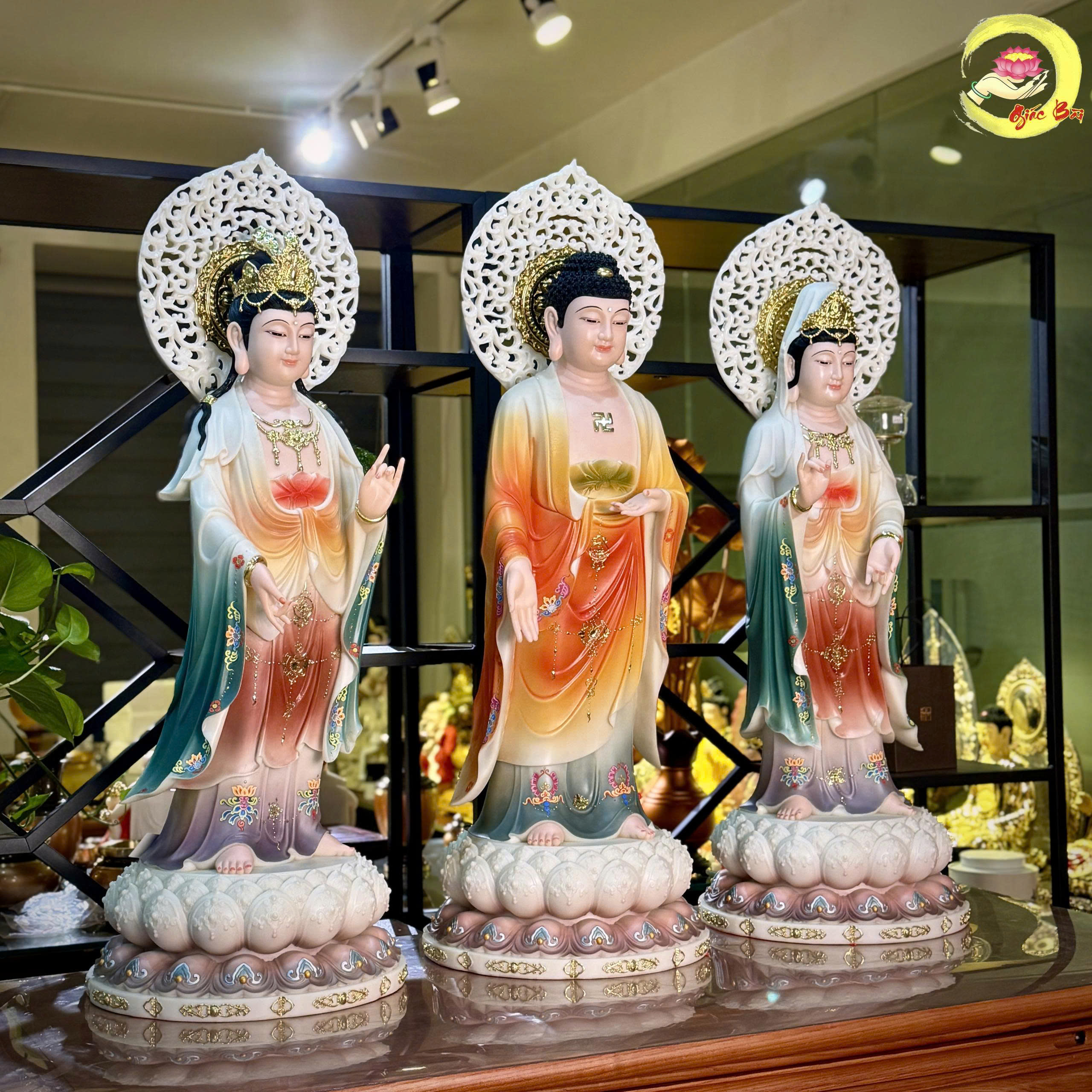 Bộ Tượng Tây Phương Tam Thánh Đứng Bằng Bột Đá Sơn Màu - Ảnh 3